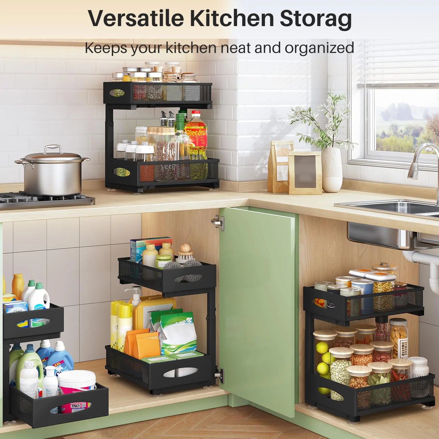 1 Pcs Under Sink Organizer, 2 Tier Pull out Cabinet Organizer Baskets with Mesh Sliding Drawers, Kitchen Slide out Storage Shelf
