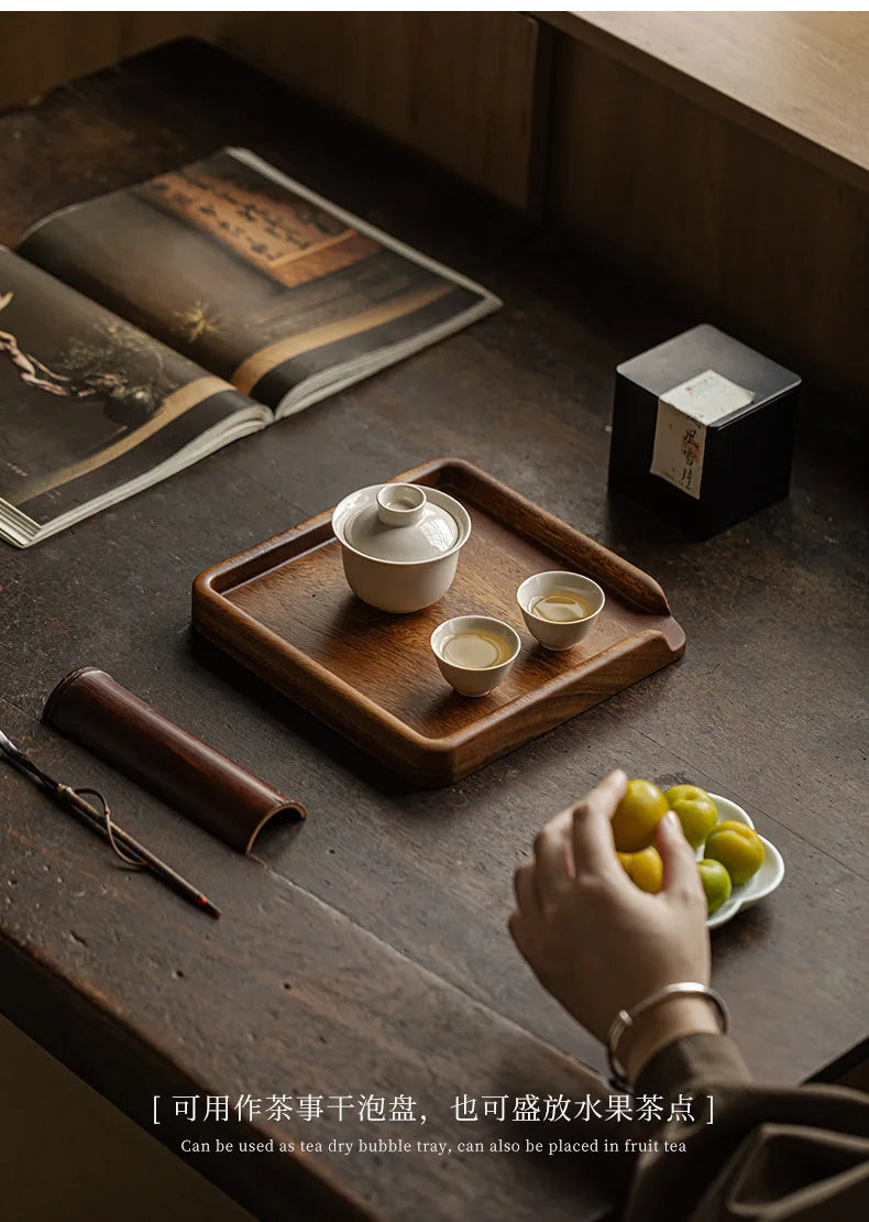 Chinese Walnut Square Food Tray Solid Wood Puer Tea Set Tray Home Breakfast Tray Cake Tray Flower Pot Bonsai Gardening Holder
