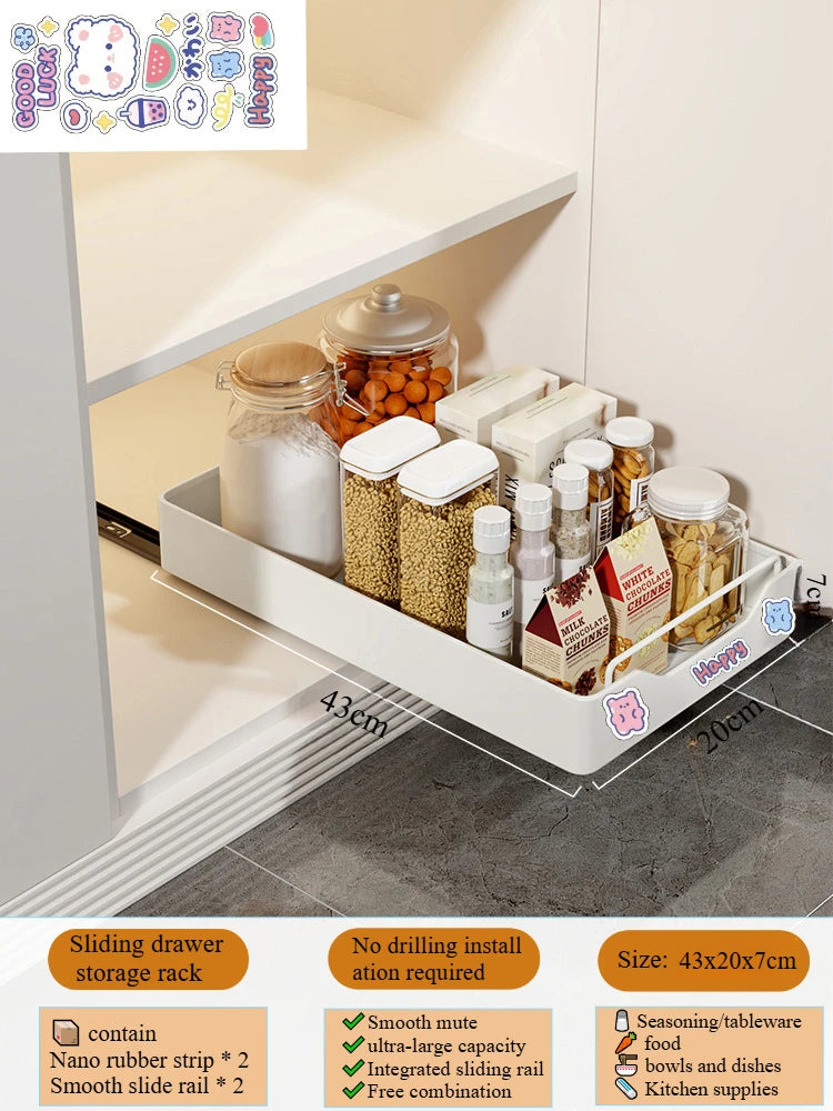 Non Perforated Kitchen Pull-out Shelf，Kitchen Storage Rack with Sliding Rails，Drawer Storage Tray，Cabinets Organizer，spice Rack