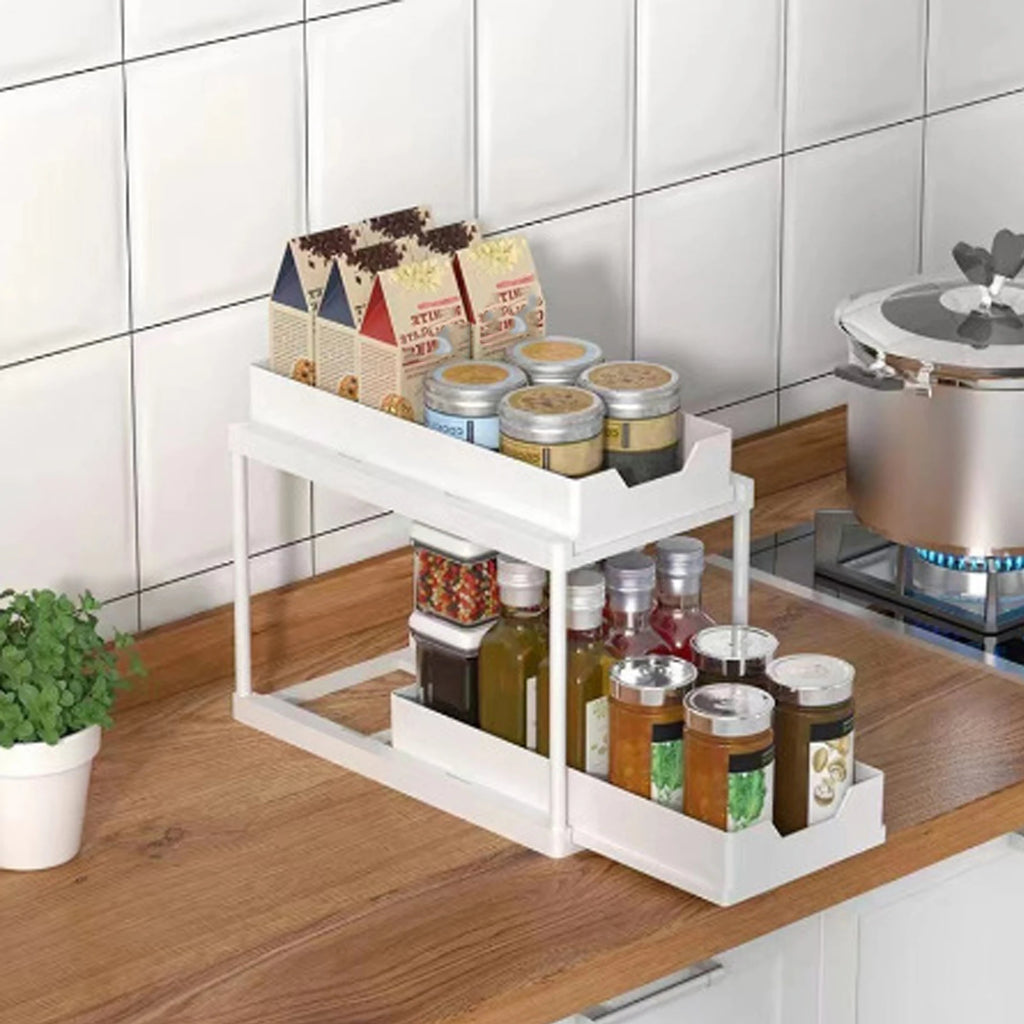 Double-Layer Pull-Out Kitchen Storage Rack, Non-Slip and Stable, Multifunctional Storage Box with Five Hooks, Under-Sink Brush Double-Layer Drawer Storage Rack, Suitable for Kitchen and Bathroom Countertop Sink Storage