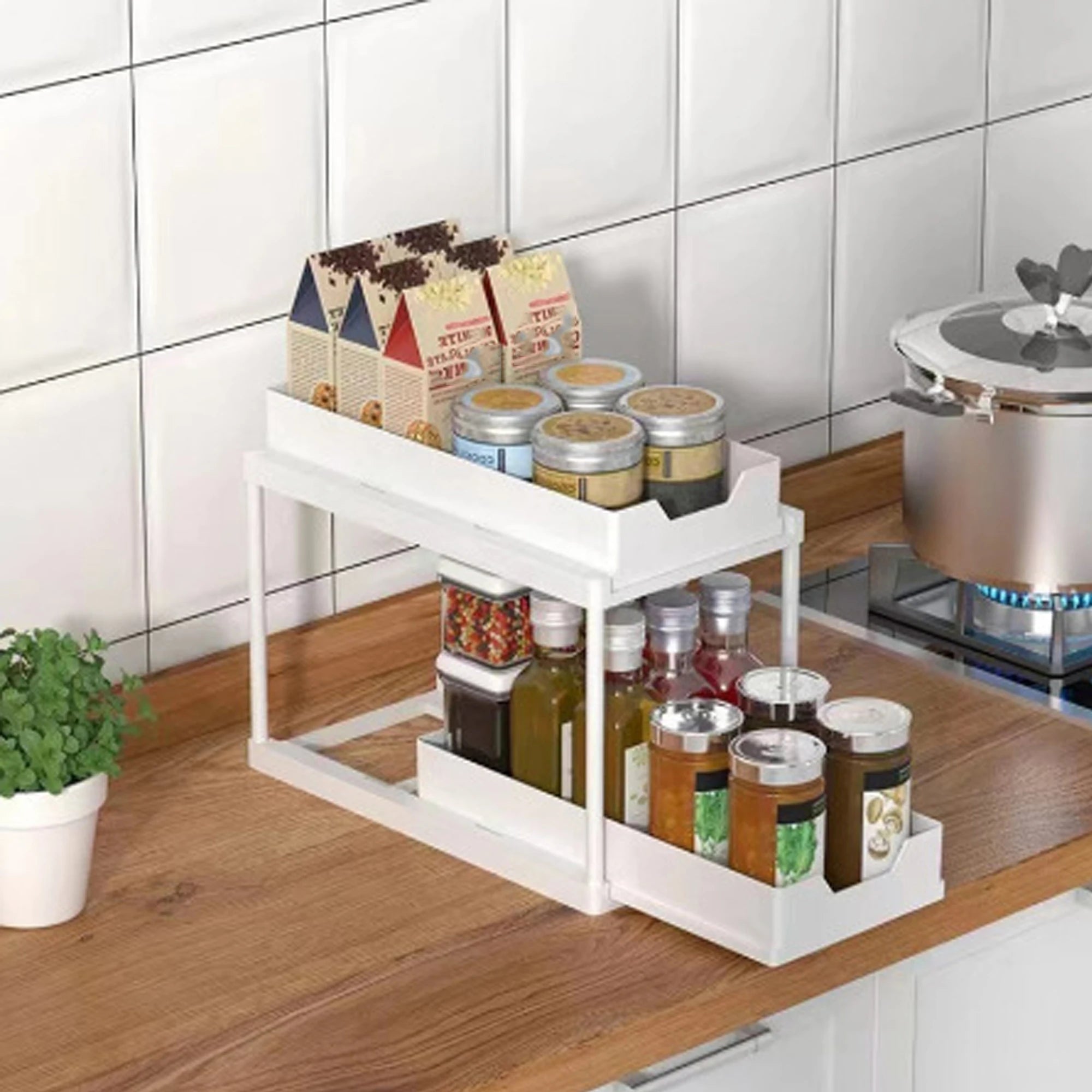 Double-Layer Pull-Out Kitchen Storage Rack, Non-Slip and Stable, Multifunctional Storage Box with Five Hooks, Under-Sink Brush Double-Layer Drawer Storage Rack, Suitable for Kitchen and Bathroom Countertop Sink Storage