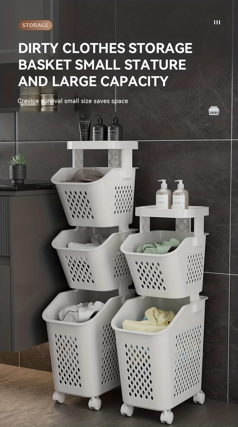 Multilayer Dirty Laundry Basket Storage Rack Clothes Storage Basket Sundries Storage Basket with Wheels Home Bathroom Supplies