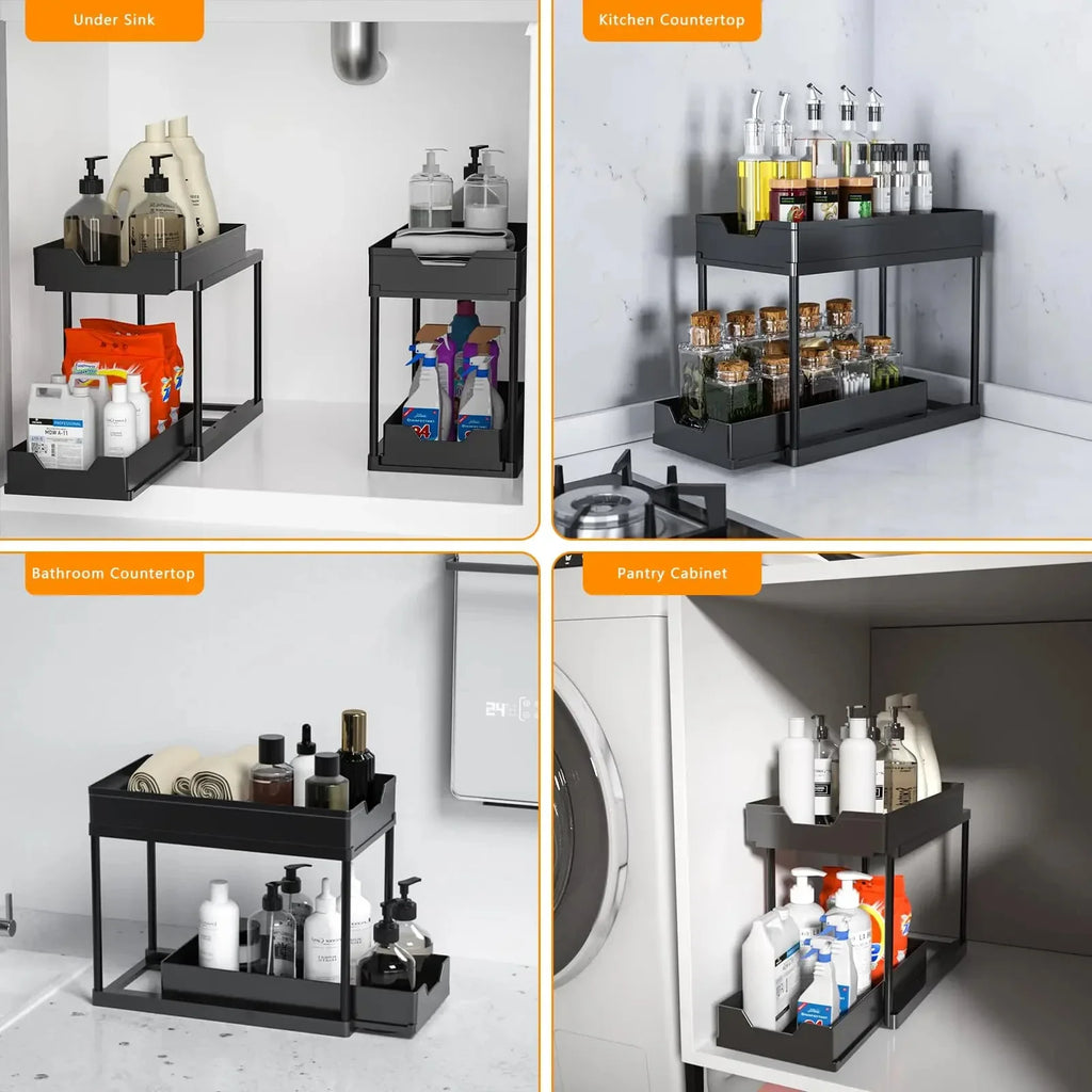 Under Sink Organizer and Storage, Kitchen Organization Rack with Double Sliding Cabinet Drawers, Multi-Purpose Storage Shelf Hol