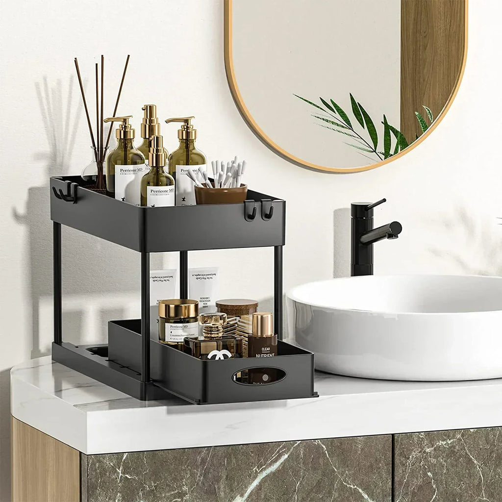 2 Tier Under Sink Organizer Sliding Cabinet  Organizer Storage Rack with Hooks Hanging Cup Bathroom Kitchen Organizer