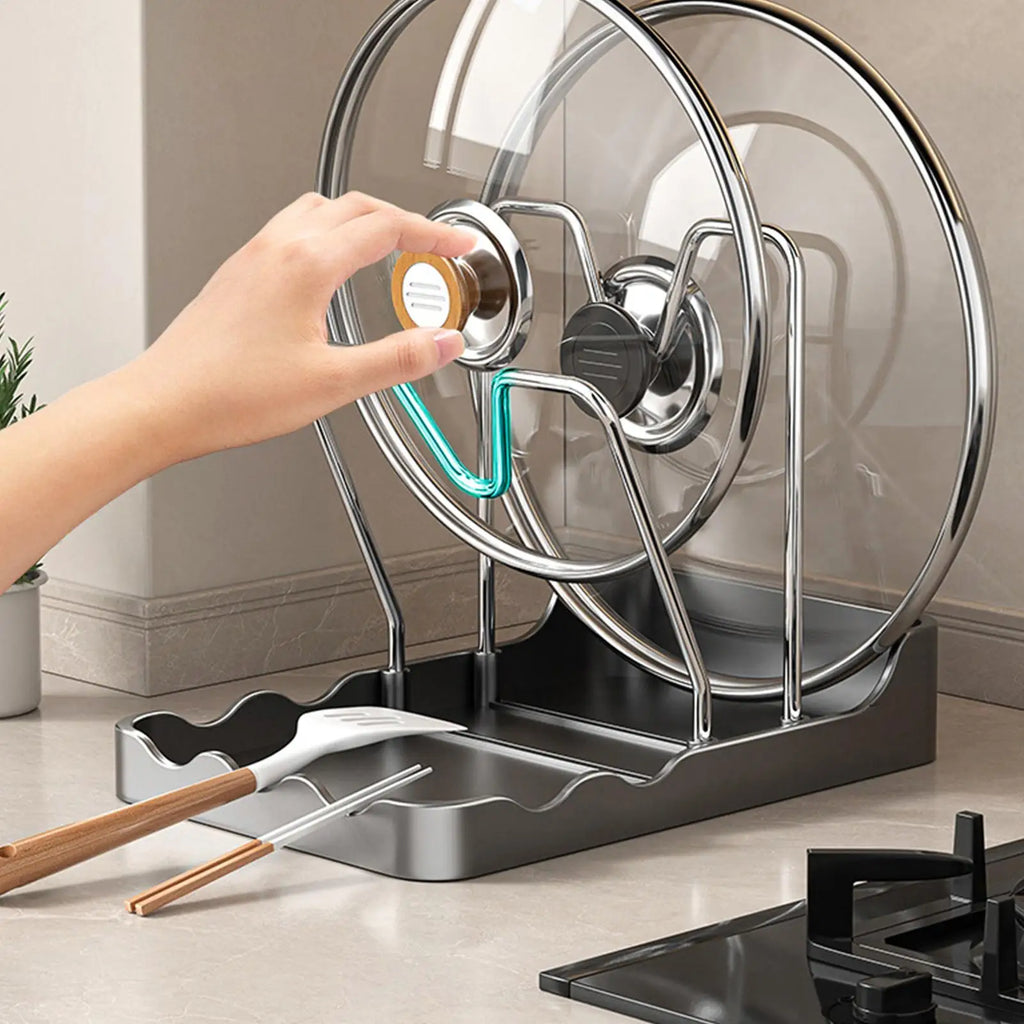 Pot Lid Organizer Vertical Spoon Display Stand with Drip Tray Stainless Pot Lid Storage Rack for Kitchen Baking Cooking Pantry