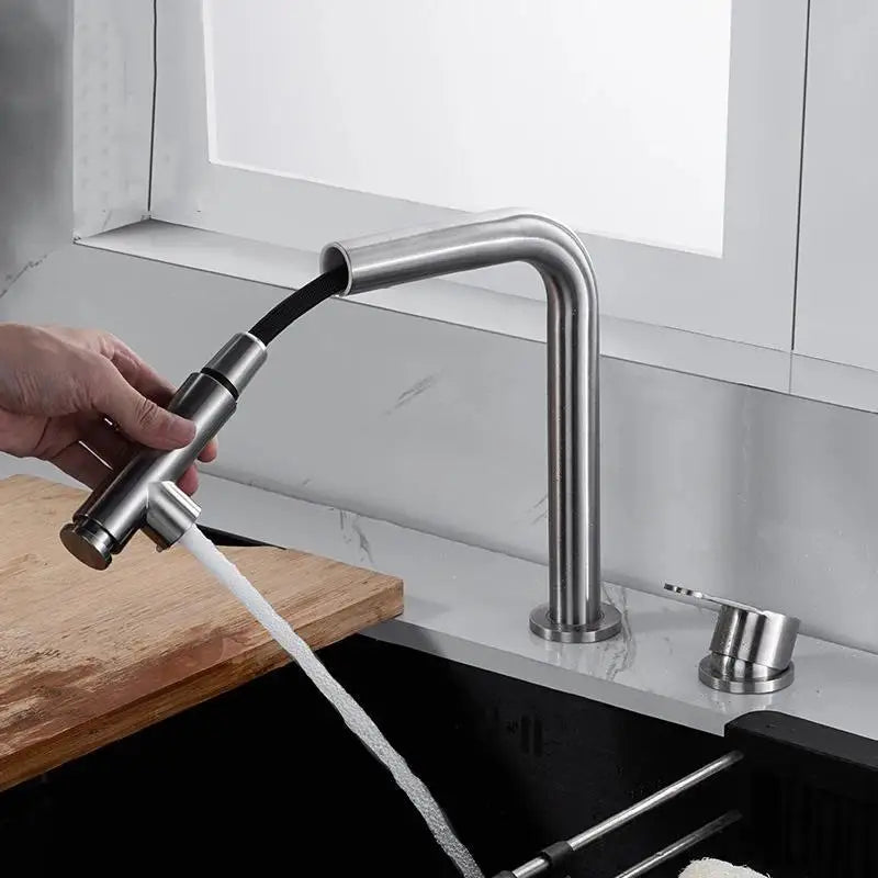 Pull-out Kitchen Sink Faucet Lift Concealed Hot And Cold Mixed Water Faucet 304 Stainless Steel Double Hole Single Handle Tap