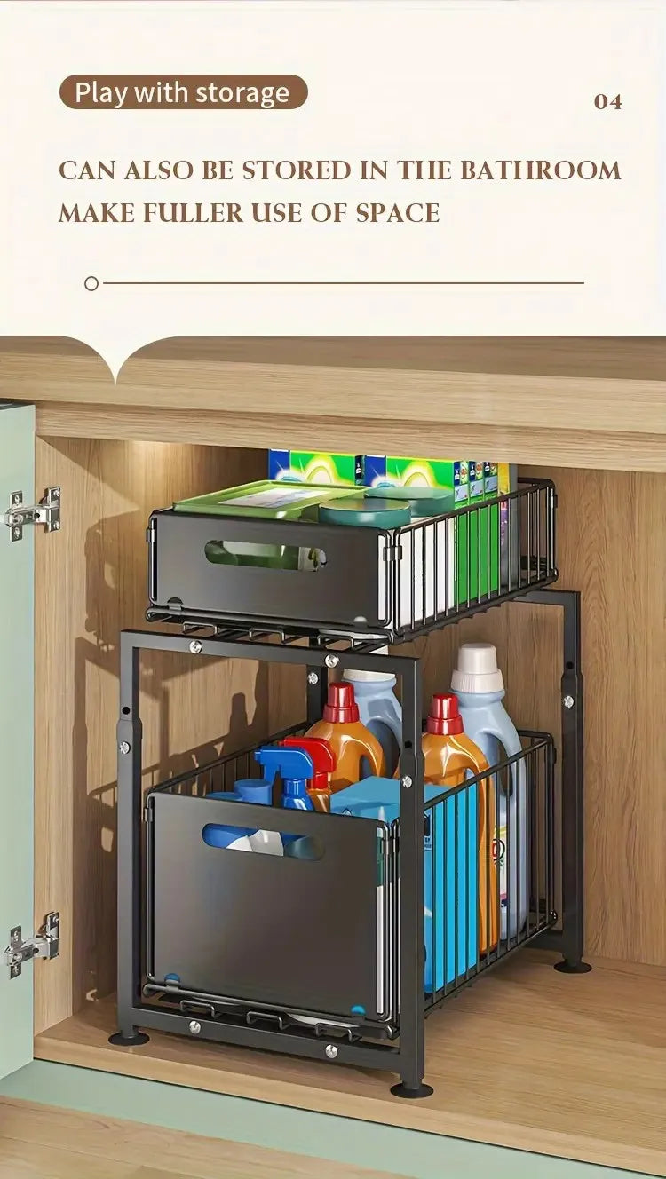2-Tier Pull Out Cabinet Organizer Drawer Height Adjustable Kitchen Rack for Cabinet Under Sink Organizer Spice Jar Storage Shelf