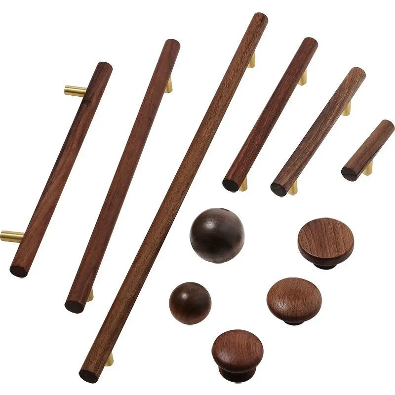 Walnut and Brass Furniture Handles Modern Simple Style Wood Cabinet Knobs and Handles Anti-cracking and Anti-oxidation