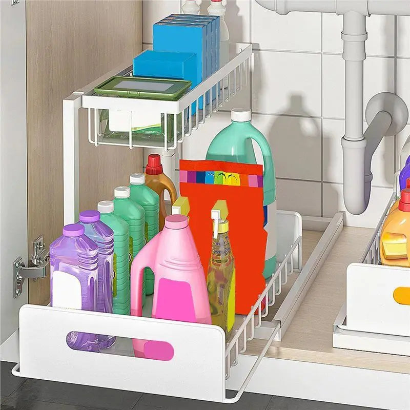 -November Under Sink Organizer 2 Tier Under Sink Storage, Slide Out Pull Out Cabinet Organizer Shelf, Metal Sliding Drawer