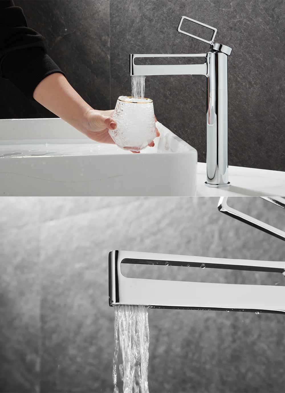 Black Tall Bathroom Basin Taps Single Handle Waterfall Faucet Solid Brass Basin Mixer Tap Creative Hollowed Out Design Water Tap