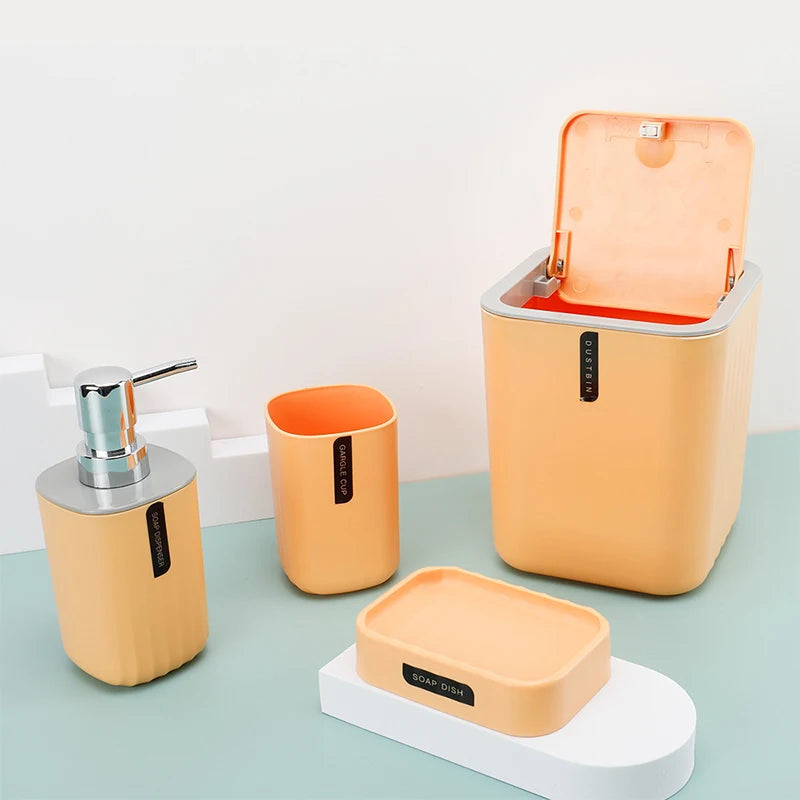 4pcs/set Bathroom Accessories Set, Includes Desktop Trash Can, Soap Dispenser, Toothbrush Holder, Toothbrush Cup, Giftift