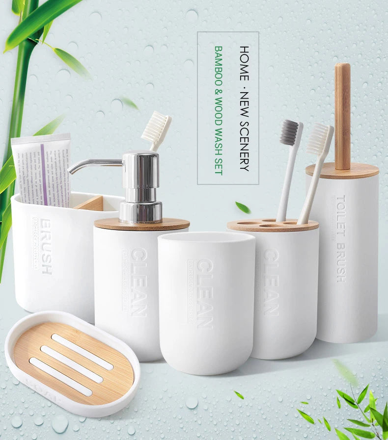 Bathroom Accessories Set Designer Soap Lotion Dispenser Toothbrush Holder Soap Dish Tumbler or wood Bottle Cup Black/White/gray