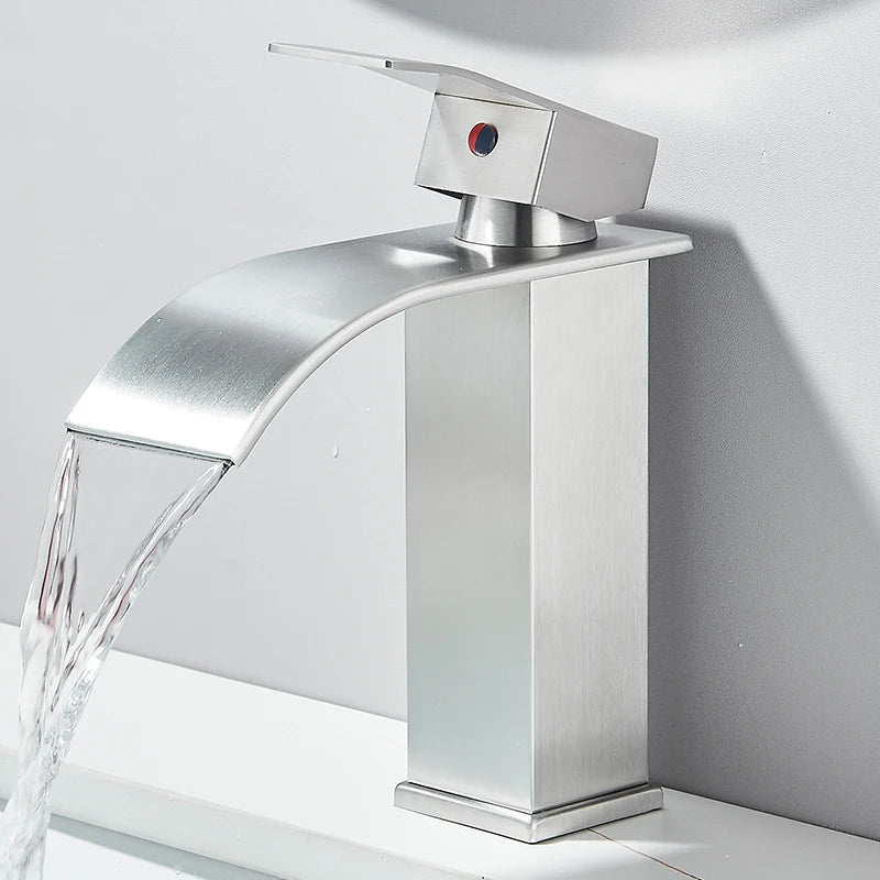 Bathroom Home Waterfall Wash Copper Core Waterfall Stainless Steel Basin Stainless SteelFaucet Black Hot &Cold Toilet Wash Basin