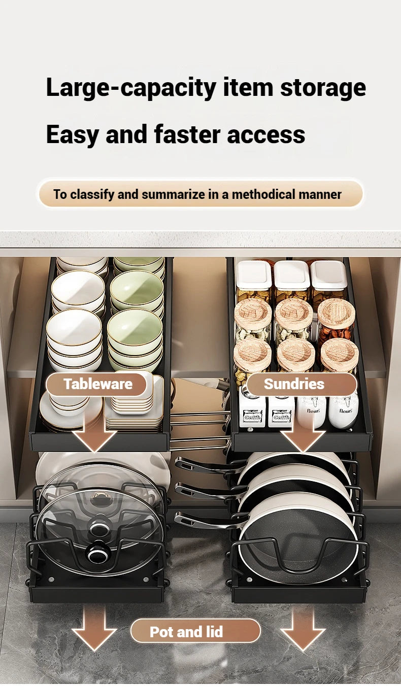 Pots and Pans Organizer Under Cabinet,Sliding Pot Lid Holder and Pan Rack Kitchen,Pull out Pot and Pan Organizer,Dishes Storage