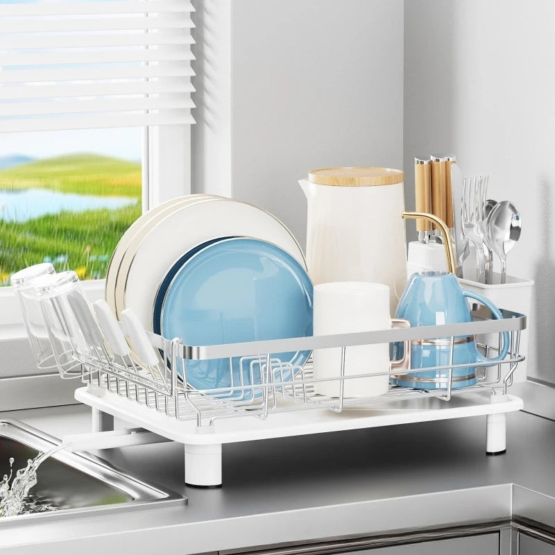 Single Layer Hollow Dish Rack Kitchen Countertop Rack with Drainage Tray Multifunctional Tableware Rack Rust Resistant Durable
