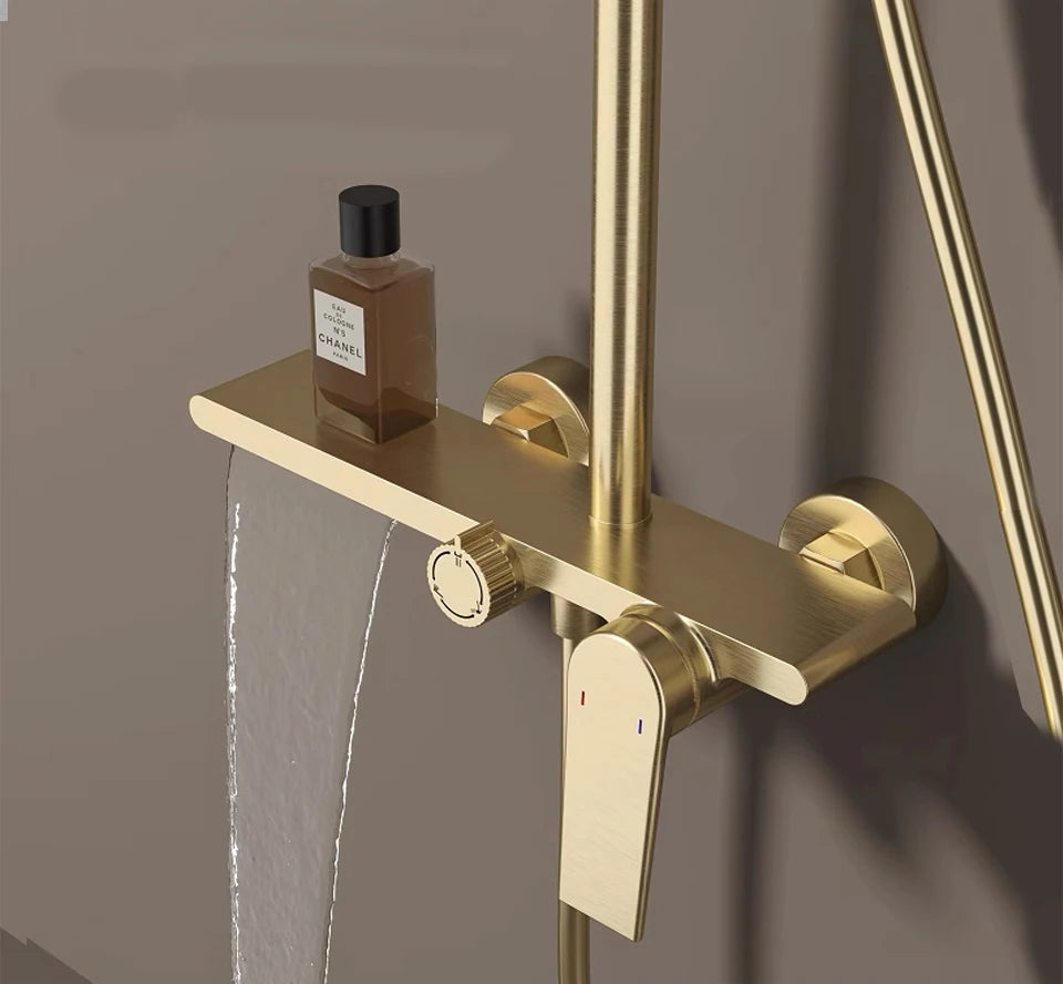 Bathroom Shower System Set Brushed Gold Hot Cold Bathroom Faucet Accessories Rain Shower Head Hot Cold Bathroom Shower Set