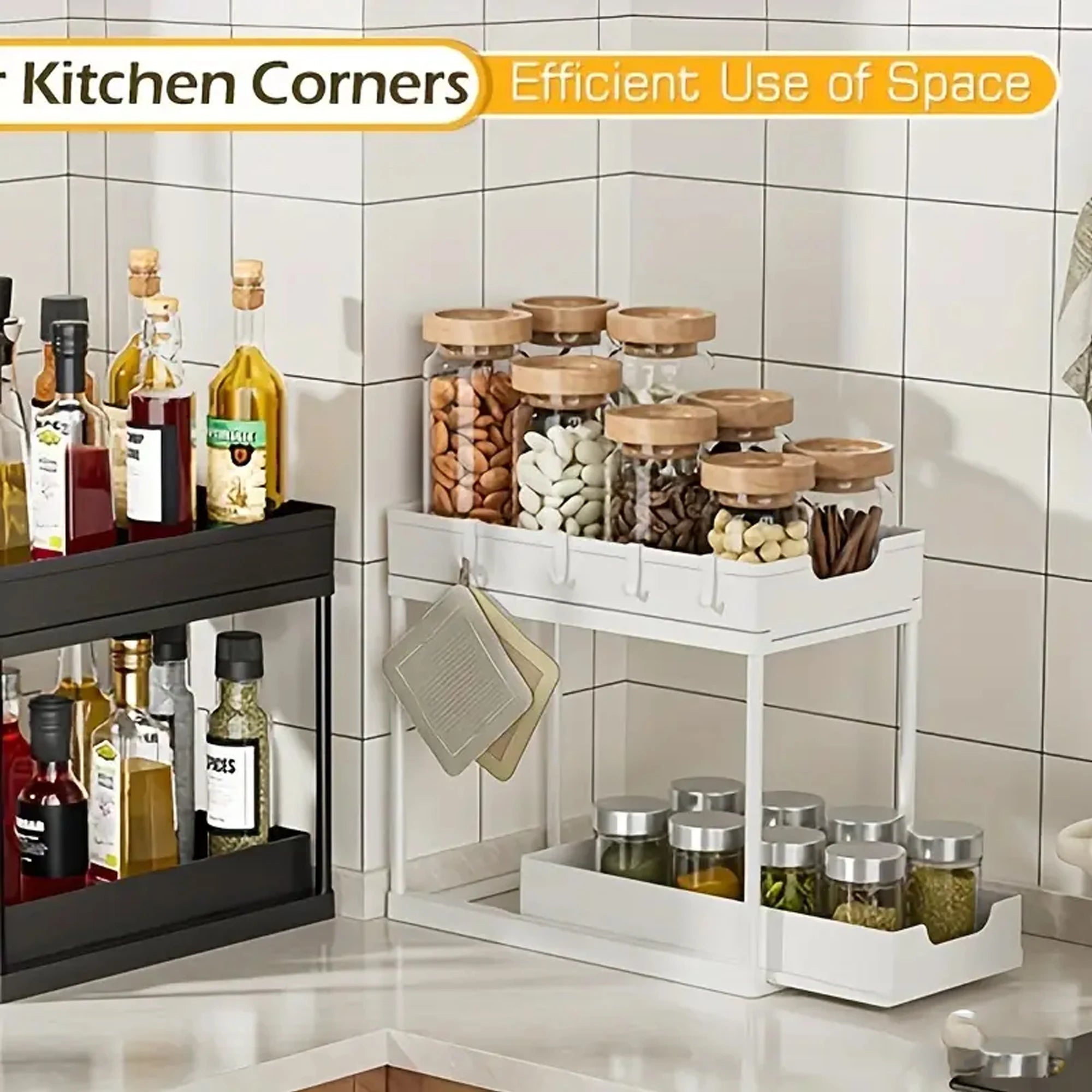 Double-Layer Pull-Out Kitchen Storage Rack, Non-Slip and Stable, Multifunctional Storage Box with Five Hooks, Under-Sink Brush Double-Layer Drawer Storage Rack, Suitable for Kitchen and Bathroom Countertop Sink Storage