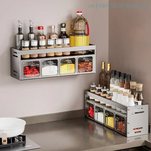 1 Pc Stainless Steel Kitchen Spice Rack Wall-Mounted Multi-Functional Spice Rack Box Jar Kitchen Storage Home Organizador