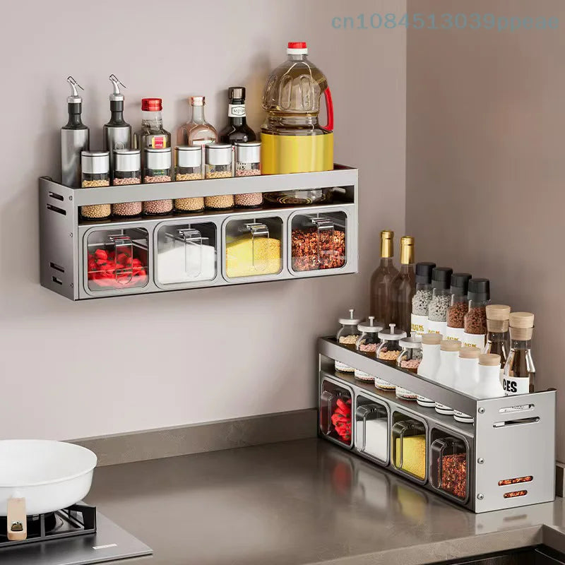 1 Pc Stainless Steel Kitchen Spice Rack Wall-Mounted Multi-Functional Spice Rack Box Jar Kitchen Storage Home Organizador