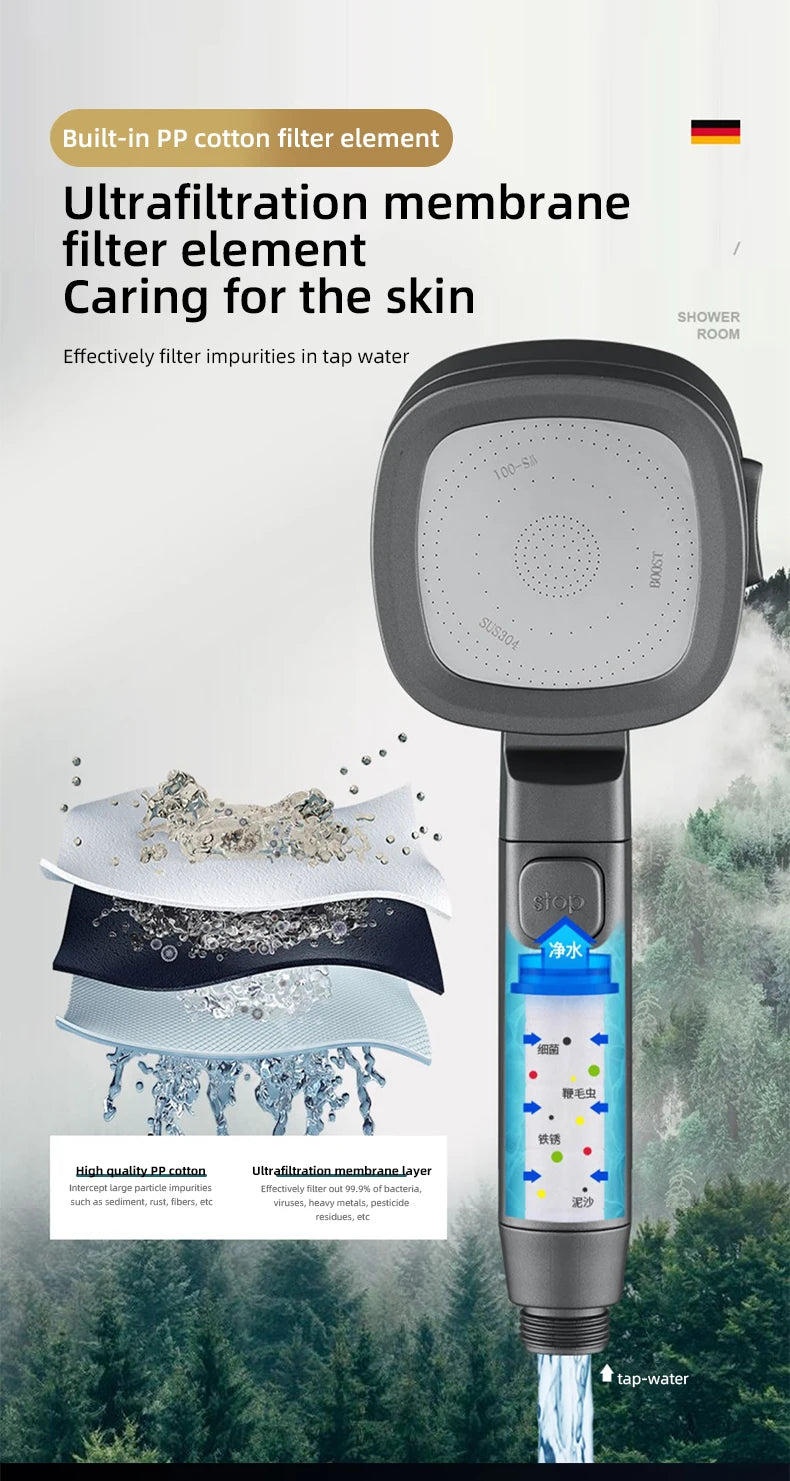 Bathroom Booster Shower Head with Filter, 3 Modes Adjustable Spray, Large Flow High Pressure Handheld Shower Head, Silver Shower