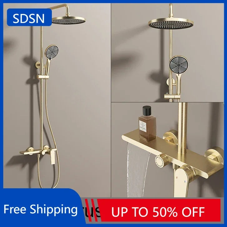 Bathroom Shower System Set Brushed Gold Hot Cold Bathroom Faucet Accessories Rain Shower Head Hot Cold Bathroom Shower Set