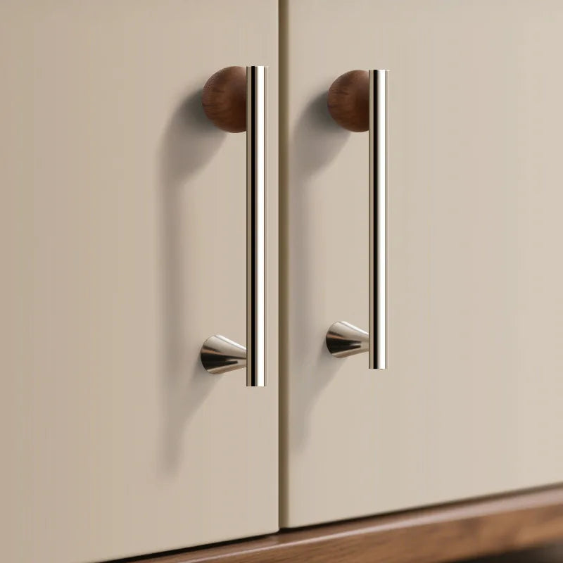 Shiny Silver Brass Cabinet Handles Chrome Wardrobe Pulls with Walnut Wood Ball Drawer Bar Modern Furniture Door Knobs