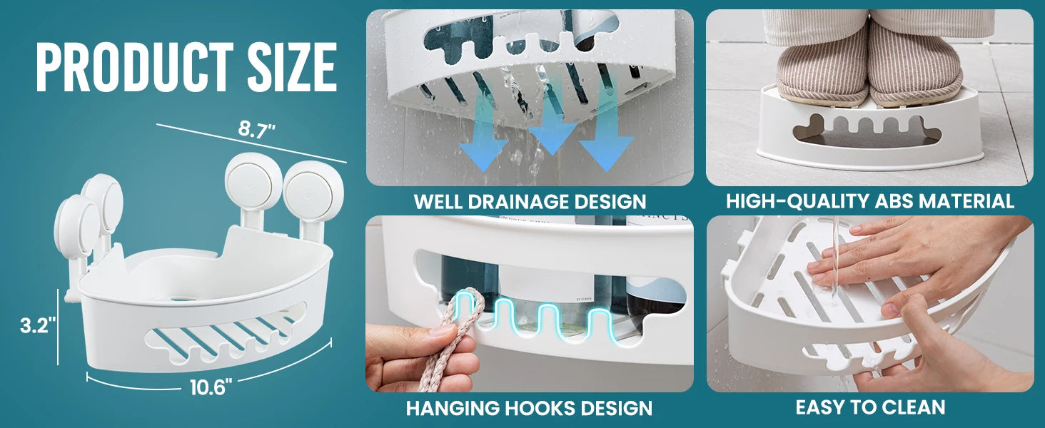 TAILI Corner Shower Caddy Suction Cup No-Drilling Removable Shower Caddy Basket Powerful Suction Bathroom Shower Shelf Organizer