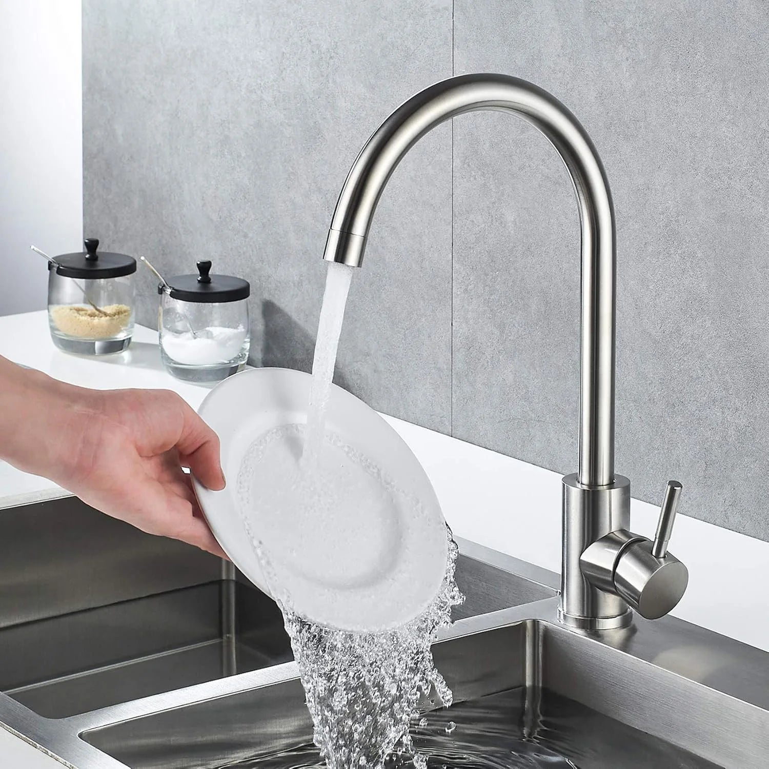 Kitchen sink mixer tap with hose, stainless steel 360° single handle single hole swivel spout, high arc single hole basin tap, h