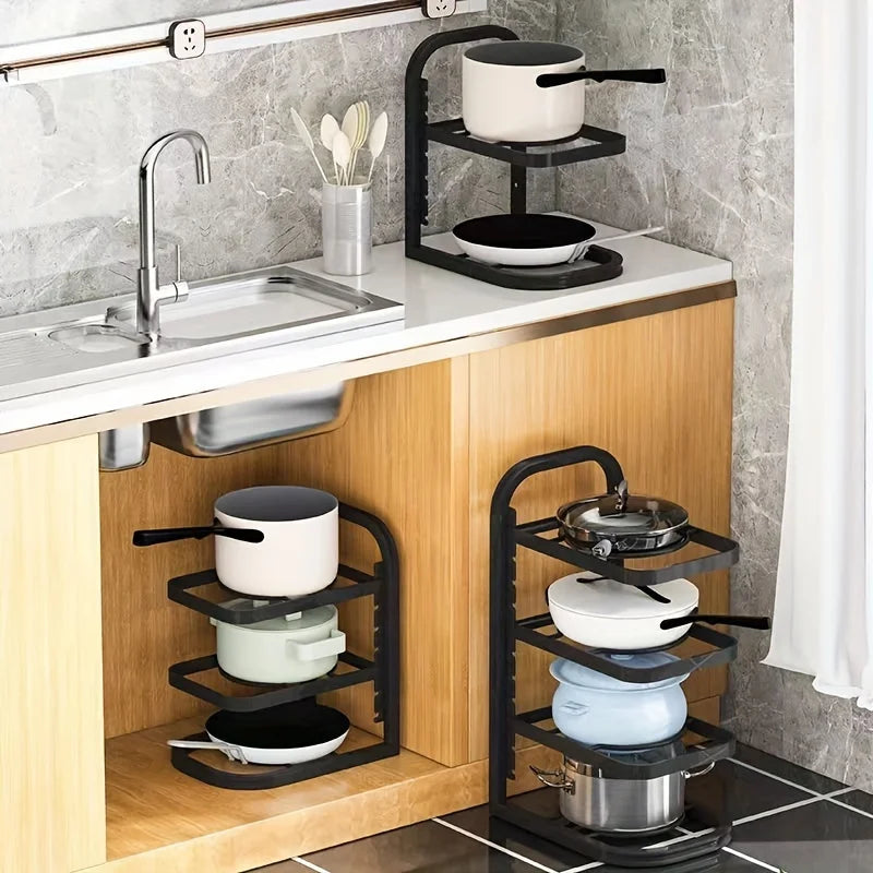 Adjustable Kitchen Storage Shelves, Pot Racks & Sink Organizers. Multi-layer Cabinets for Efficient Space Saving.