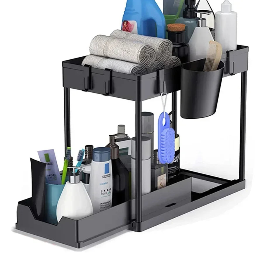 Under Sink Organizer Sliding Cabinet Basket Organizer Storage Rack with Hooks Hanging Cup Bathroom Kitchen Organizer