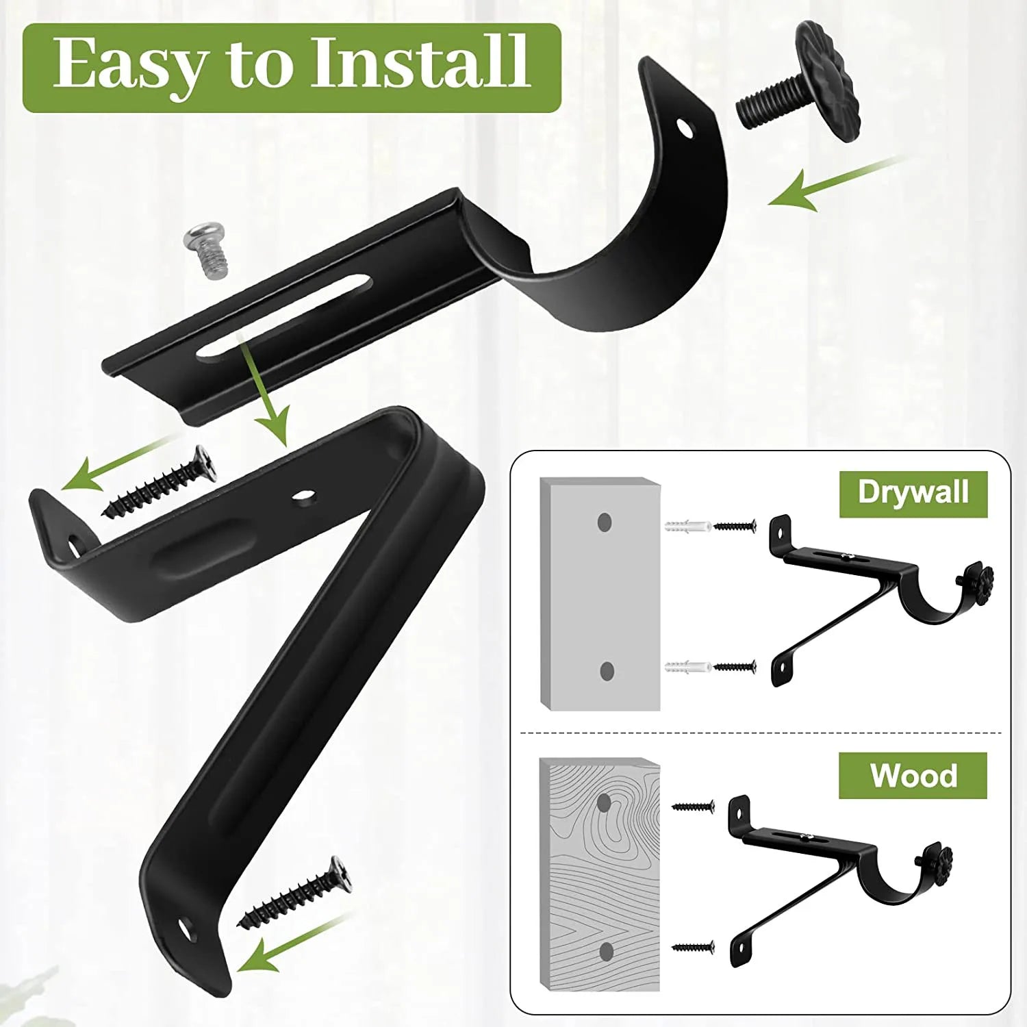 AA81-Curtain Rod Bracket, Adjustable Heavy Duty Curtain Rod Holders, Black Curtain Rods Hooks Hangers For Wall Drapery Rod