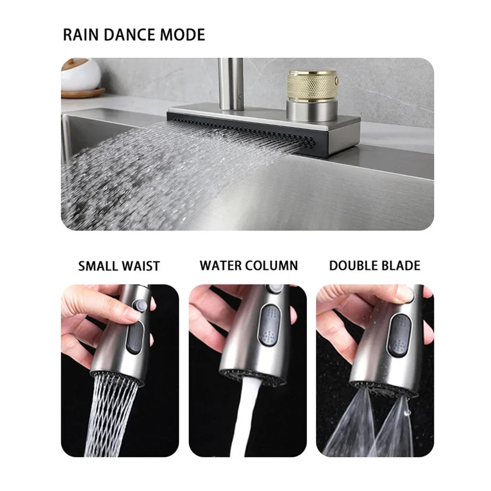 Waterfall Kitchen Sink Faucet with 4 Modes Pull Out Spout Stainless Steel Black One Hole Deck Mounted Kitchen Water Mixer Tap