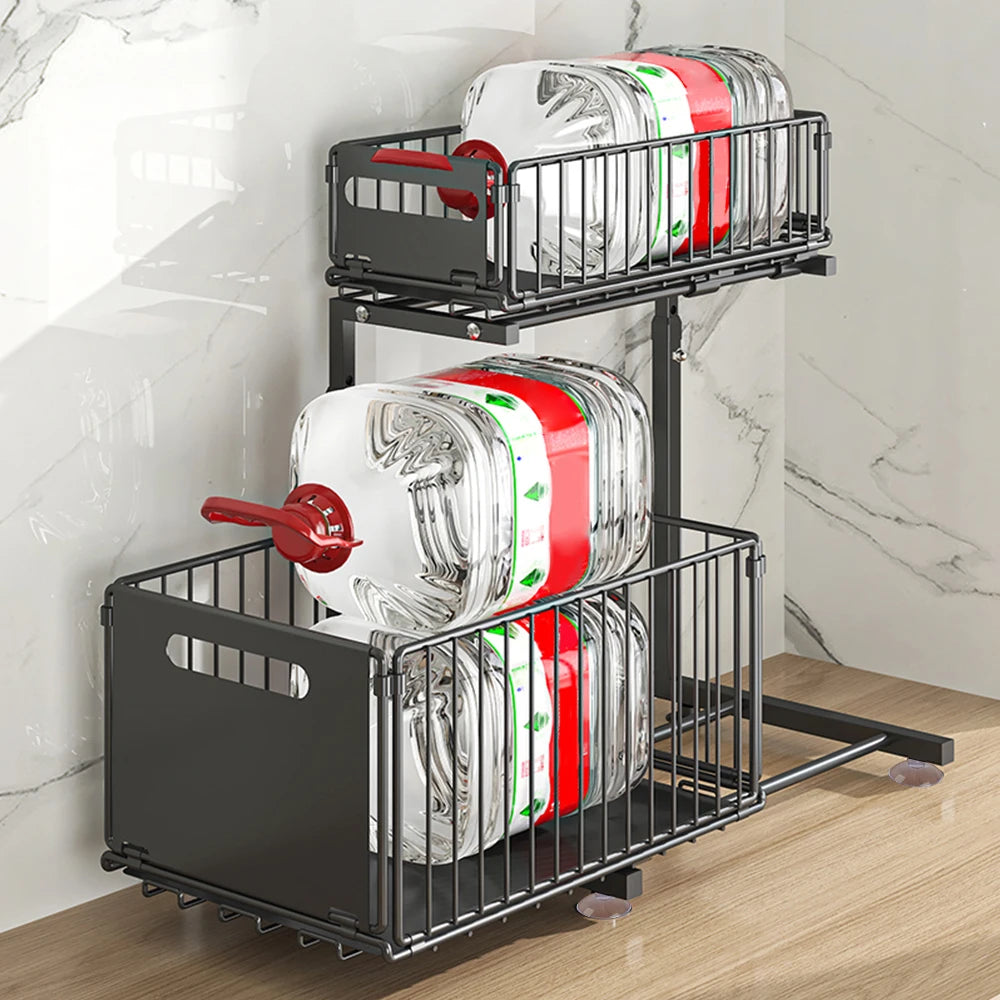 2-Tier Pull Out Cabinet Organizer Drawer Height Adjustable Kitchen Rack for Cabinet Under Sink Organizer Spice Jar Storage Shelf