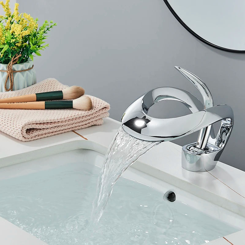 Black Bathroom Basin Taps Single Handle Waterfall Faucet Solid Brass Basin Mixer Taps Creative Hollowed Out Design Water Tap