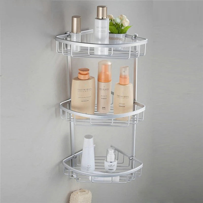 Bathroom Punch Free  Aluminum Triangular Rack Storage Organizer Corner Shelf For Shampoo Soap Cosmetic Basket Holder