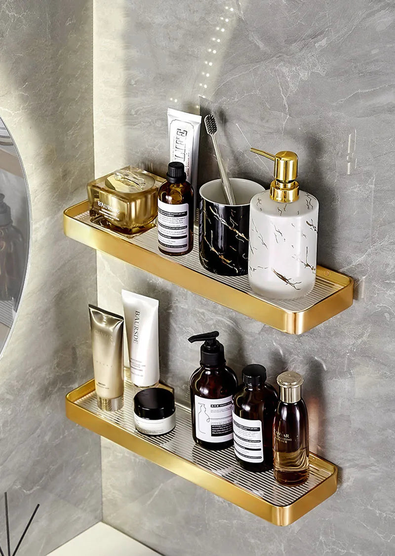 Brushed Gold Bathroom Shelf Aluminum Wall-mounted Shower Storage Rack Bath Shampoo Holder Corner shelf Bathroom Shelves
