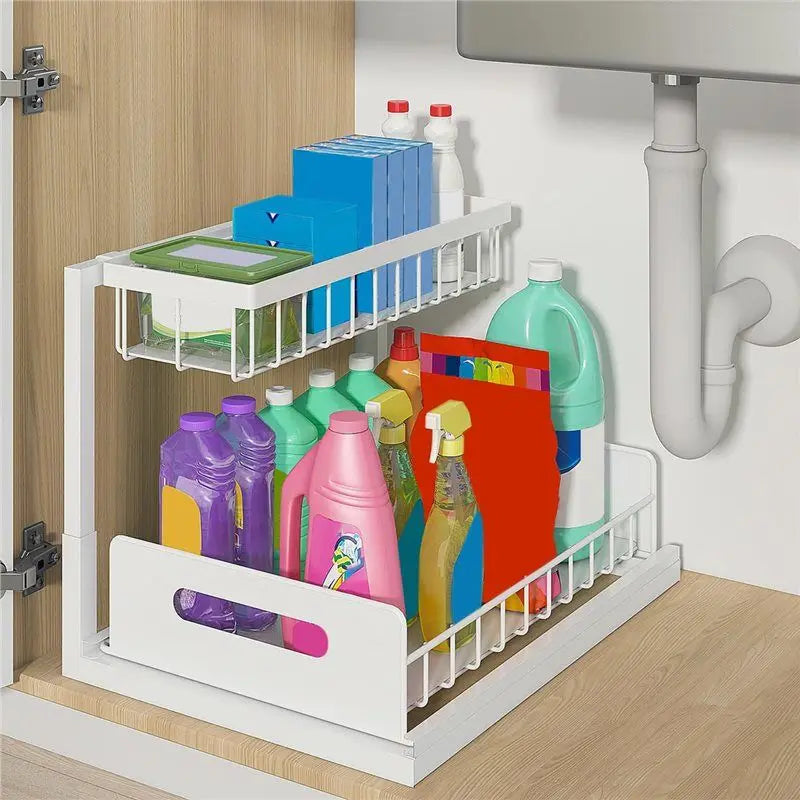 -November Under Sink Organizer 2 Tier Under Sink Storage, Slide Out Pull Out Cabinet Organizer Shelf, Metal Sliding Drawer