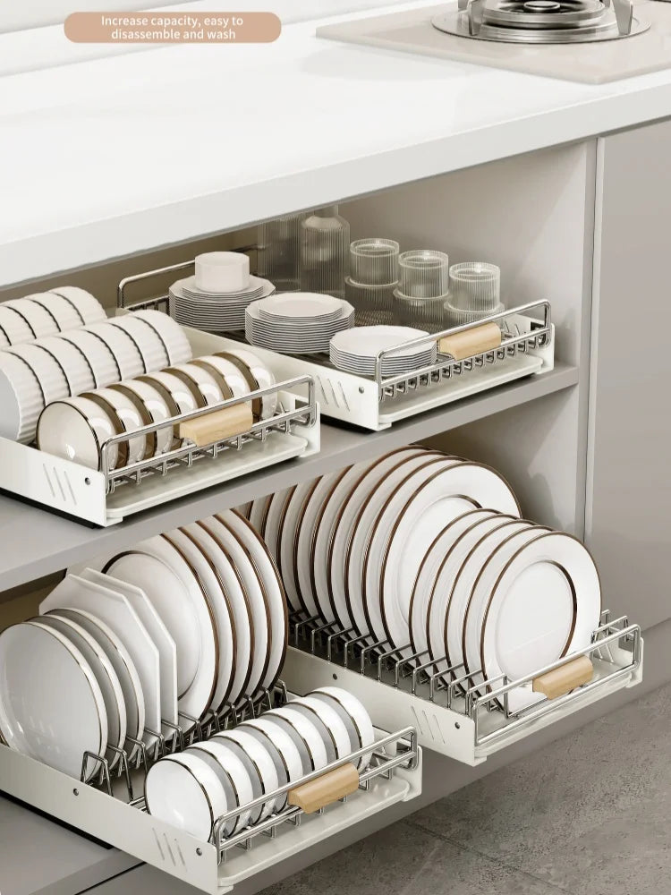 Drawer Wooden Handle Kitchen Dish Storage Rack Divider Dish Pullout Slider Punch-free Drawer Organiser Spice Racks Drainer Shelf