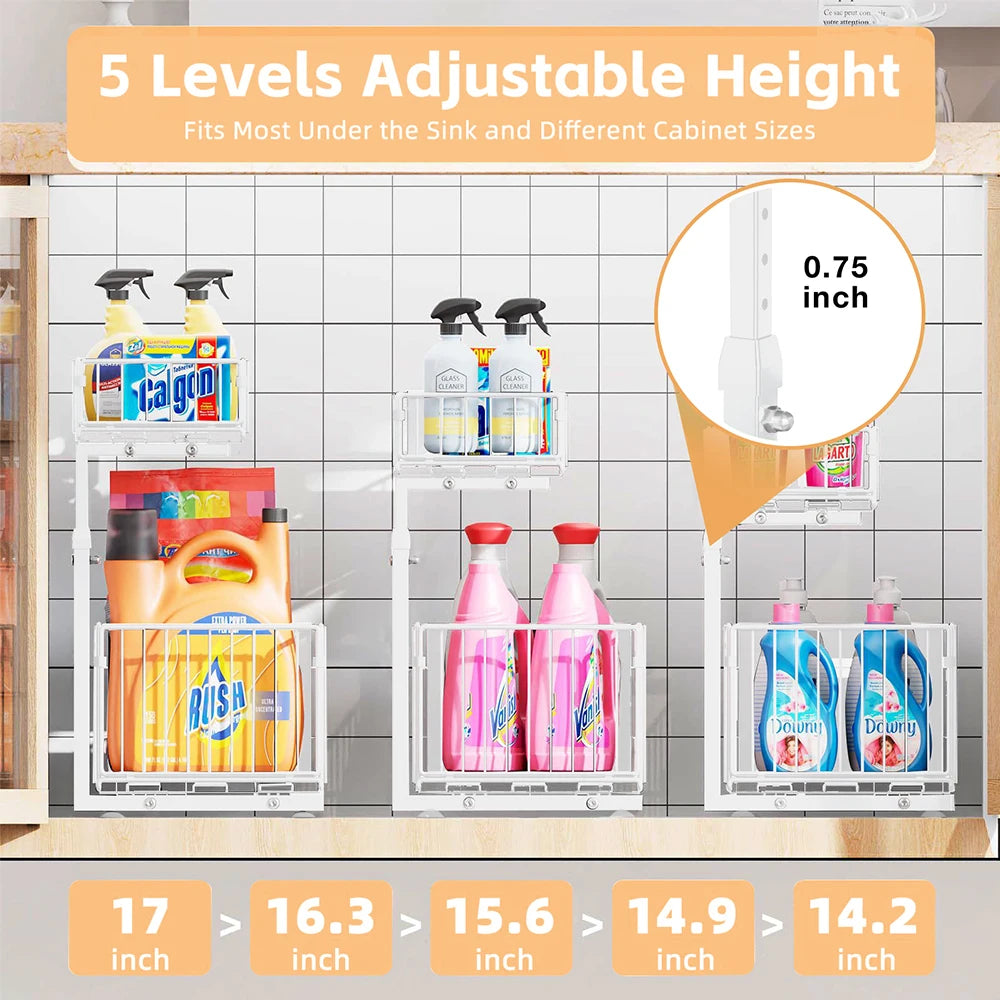 2 Tier Under Sink Organizer Adjustable Pull Out Cabinet Organizer Slide Out Kitchen Storage Racks Thickened Metal Sliding Drawer