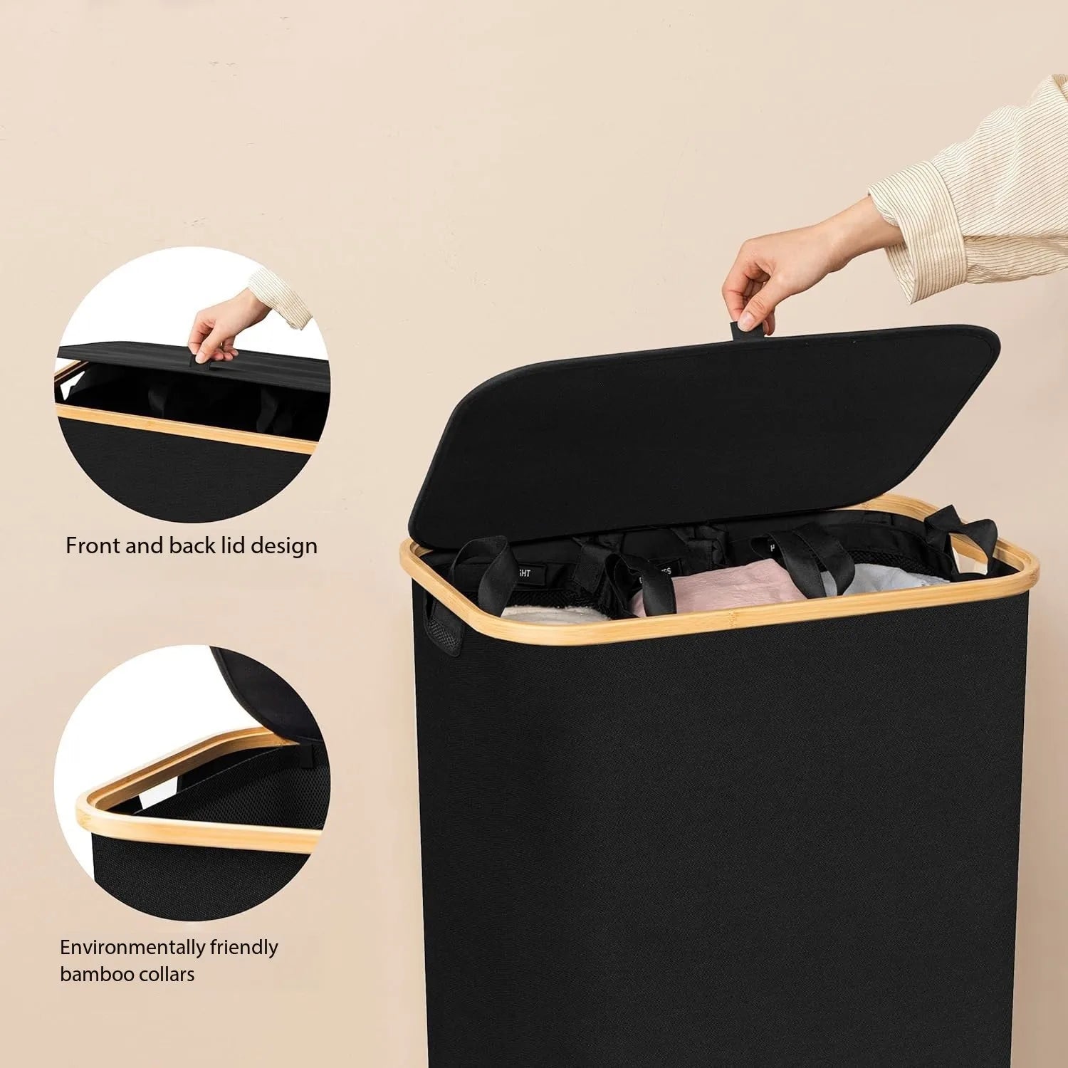 Dirty clothes basket bamboo basket bedroom with inner pocket with lid foldable  clothes storage basket with classification label