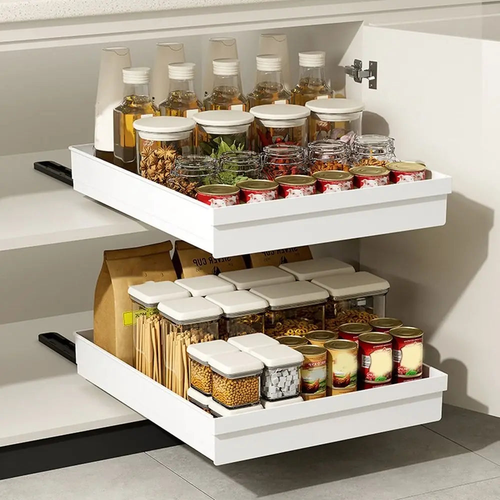Pull-out Kitchen Storage Rack Large Capacity Plastic Spice Box Storage Rack with Slide Rails Anti-slip Drawer Type Storage Tray