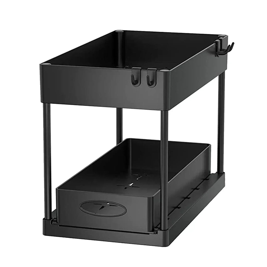 2 Tier Under Sink Organizer Sliding Cabinet  Organizer Storage Rack with Hooks Hanging Cup Bathroom Kitchen Organizer