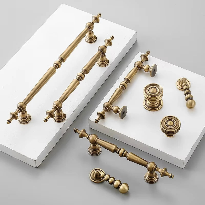 High-end Antique Bronze Door Handles and Knobs Solid Brass Antique Drawer Pulls Kitchen Cupboard Handle Gold Cabinet Handles