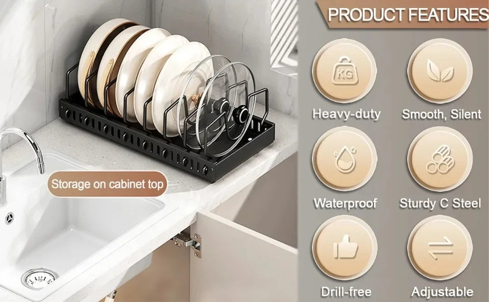 Kitchen Pull-Out Pot Rack Adjustable Cupboard Trays Dishes Partition Shelf with Slide Rails Organizer Tray Drawer Storage Racks