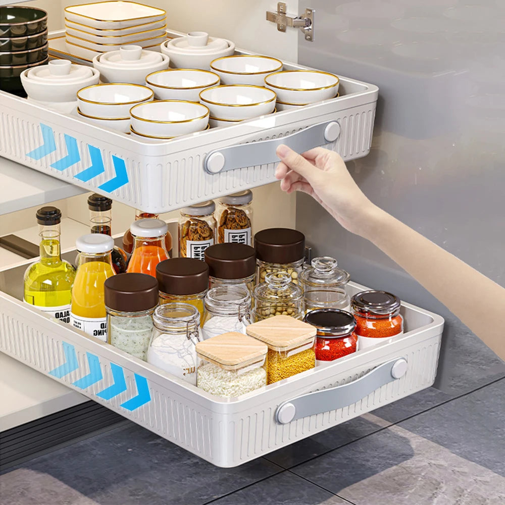 2PCS Kitchen Drawer Storage Rack with Slide Rails Pull-out Cabinet Organizer Storage Tray Spice Seasoning Bottle Storage Rack