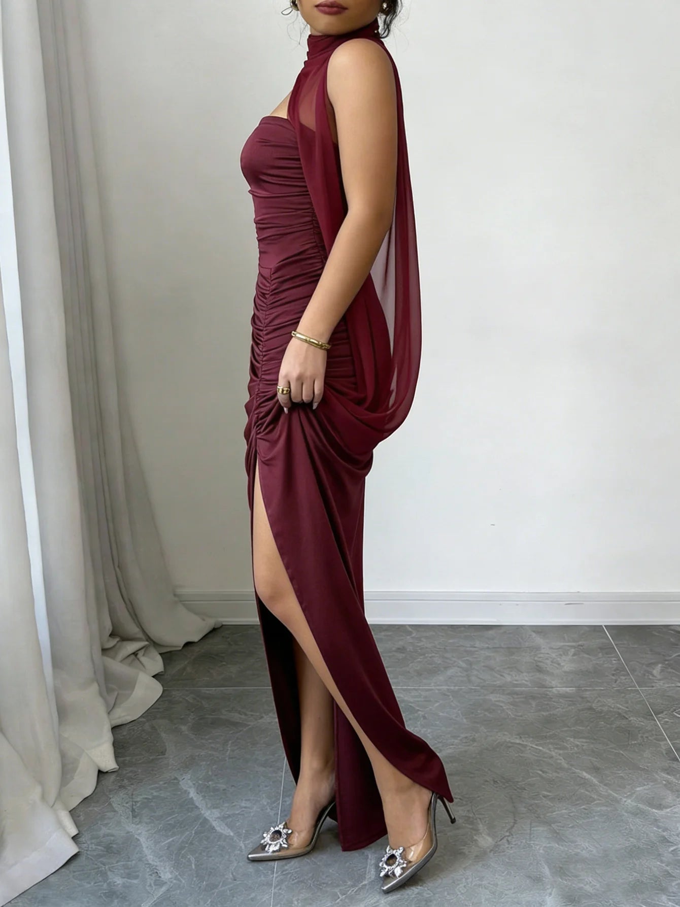 Maxi Dress Spring Summer Women Burgundy Asymmetrical Halter Neck Ruched Split Hem Sexy Elegant Party Date Evening Club Dress