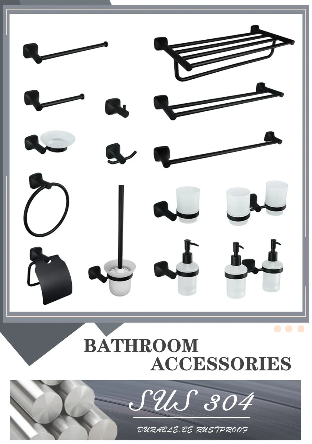 Black Bathroom Accessories Stainless Steel Wall Mounted Bath Towel Holder Robe Hook Toilet Brush Paper Towel Holder Pendant