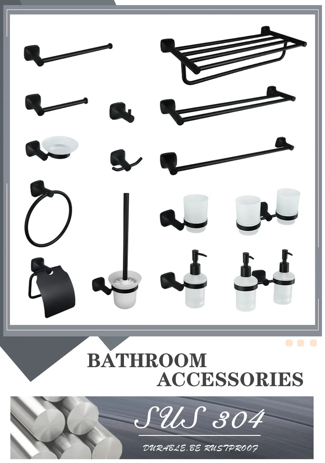 Black Bathroom Accessories Stainless Steel Wall Mounted Bath Towel Holder Robe Hook Toilet Brush Paper Towel Holder Pendant