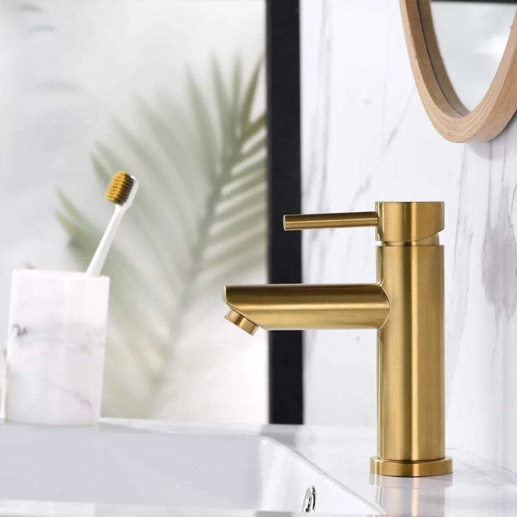 Bathroom Faucet Solid Brass Bathroom Basin Faucet Cold And Hot Water Mixer Sink Tap Single Handle Deck Mounted Brushed Gold Tap