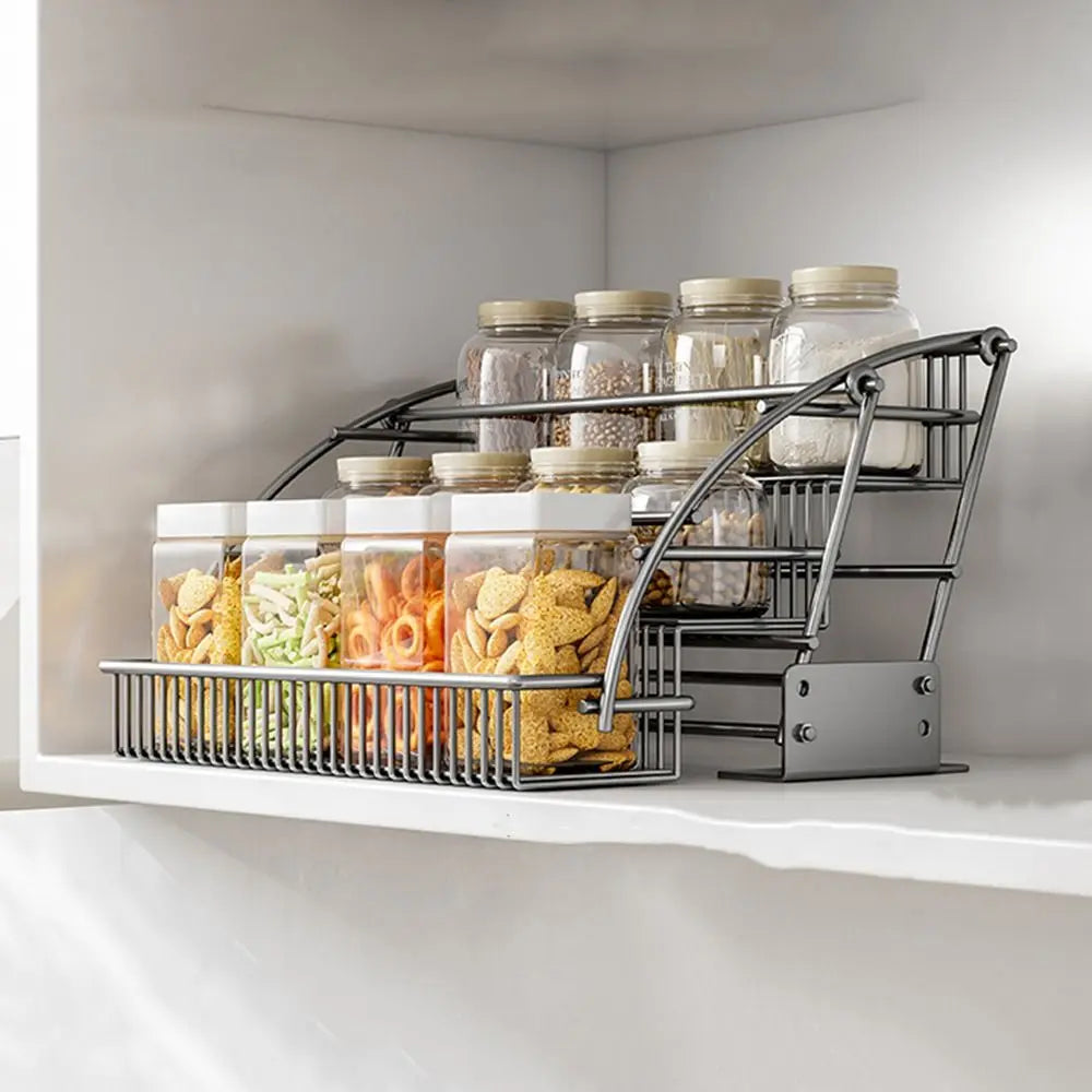 Carbon Steel 3-Tier Pull Down Spice Rack Large Capacity Space Saving Retractable Spice Rack Rust-proof Strong Load-bearing